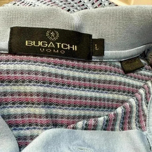 Bugatchi Mens Polo Light Blue with Pink and White Size L - Picture 3 of 5